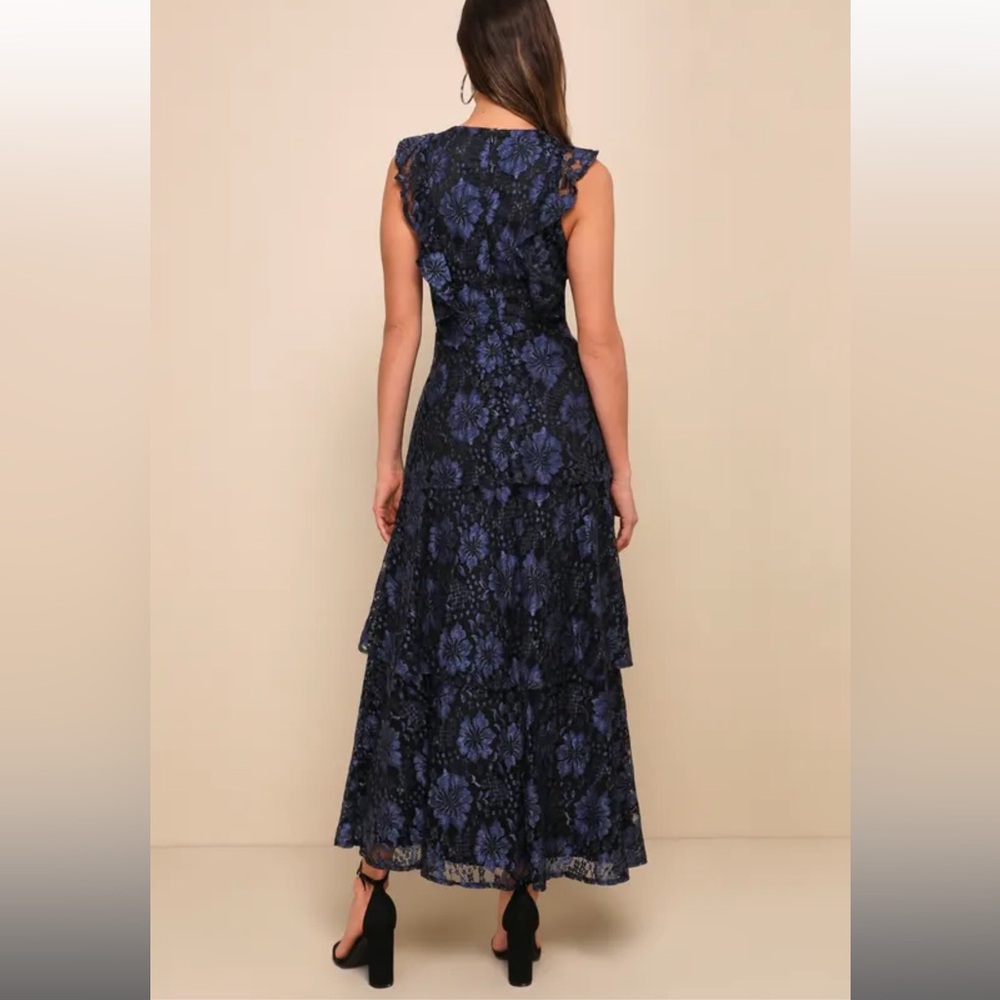 Lulus Molinetto Navy Blue Lace Ruffled Tiered Sleeveless Maxi Dress - Picture 4 of 6
